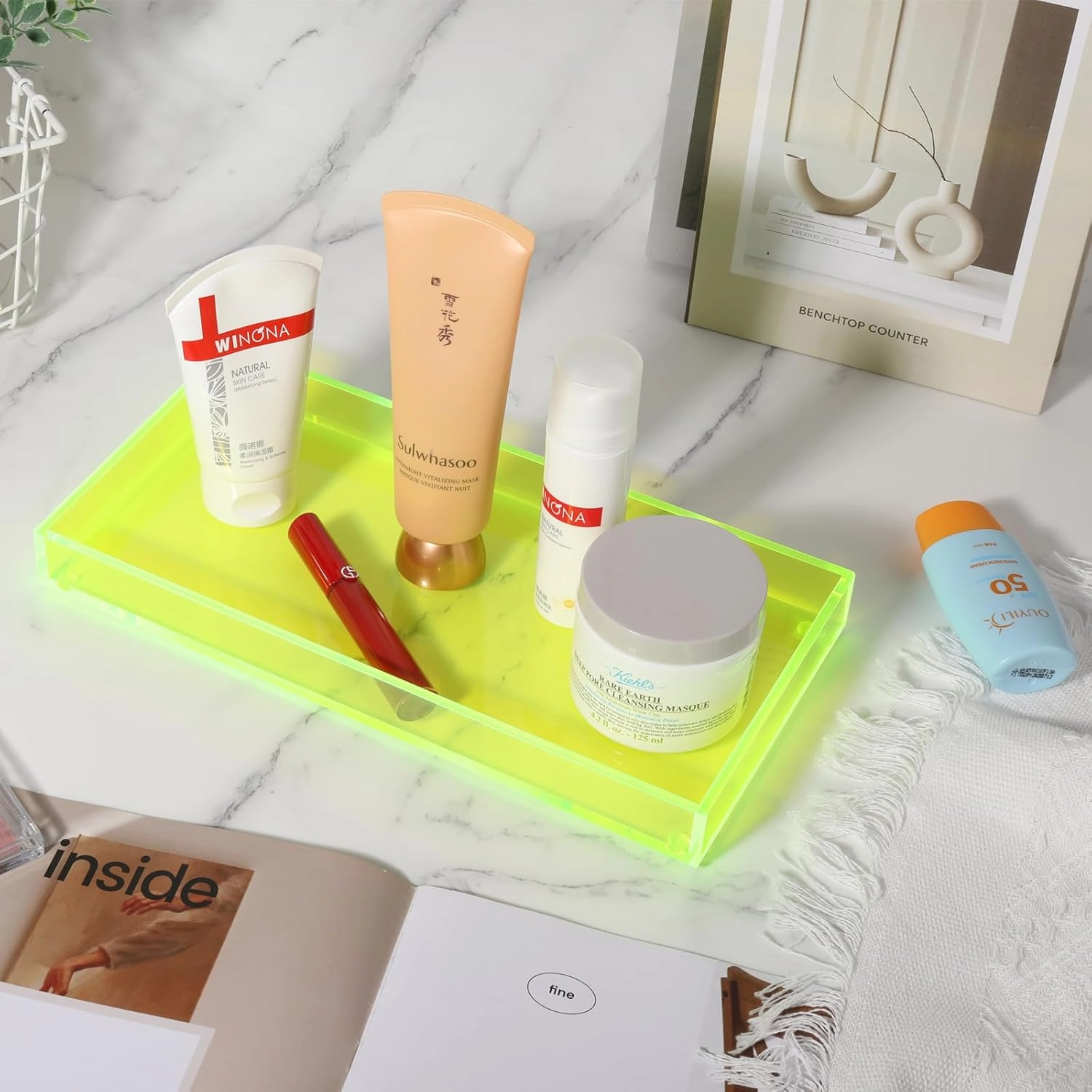 Acrylic Tray for Vanity Makeup Perfume Jewelry 12x6'' Small Decorative Tray for Bathroom Dresser Tops Candle Sink Counter, Neon Green