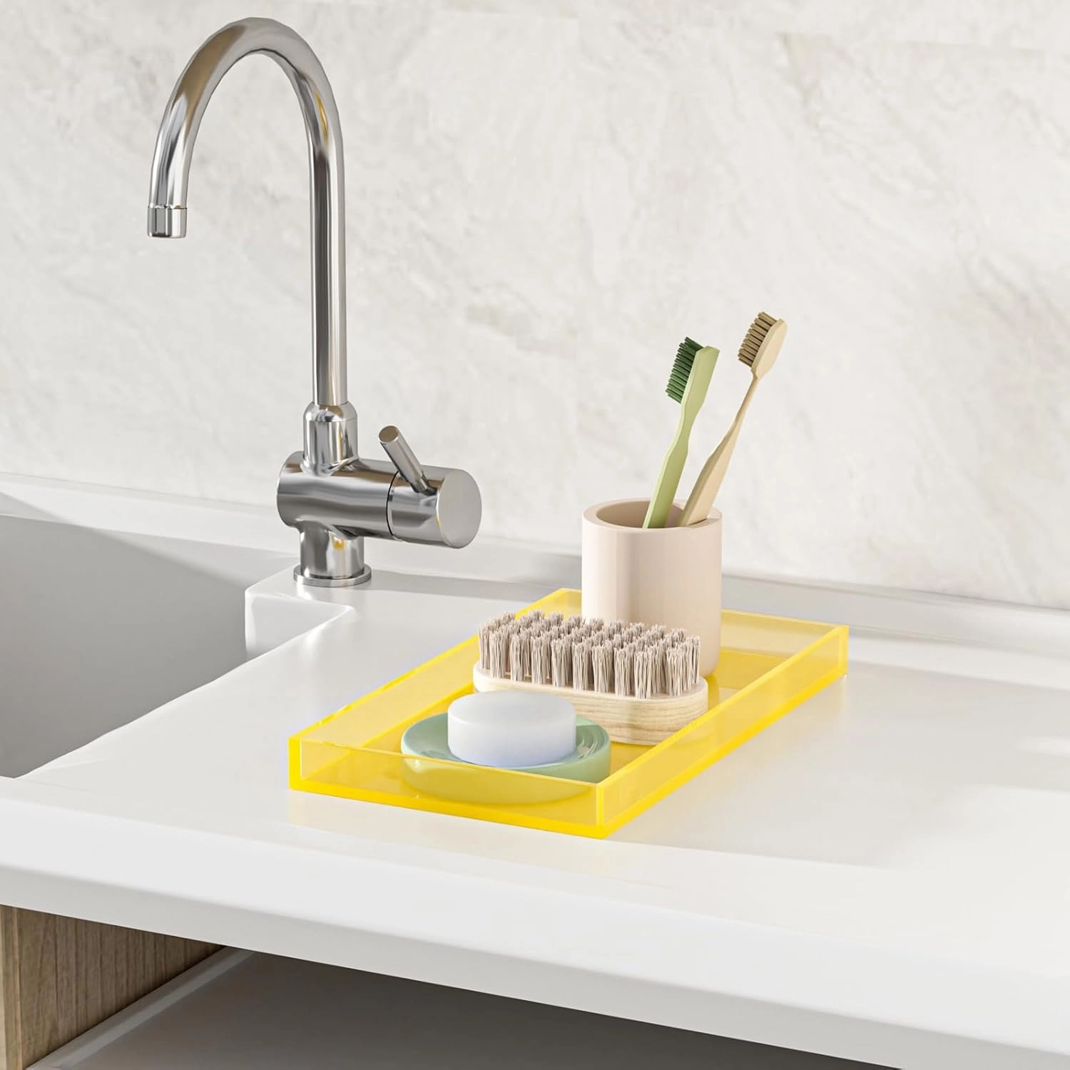Acrylic Tray for Vanity Makeup Perfume Jewelry 12x6'' Small Decorative Tray for Bathroom Dresser Tops Candle Sink Counter, Neon Yellow