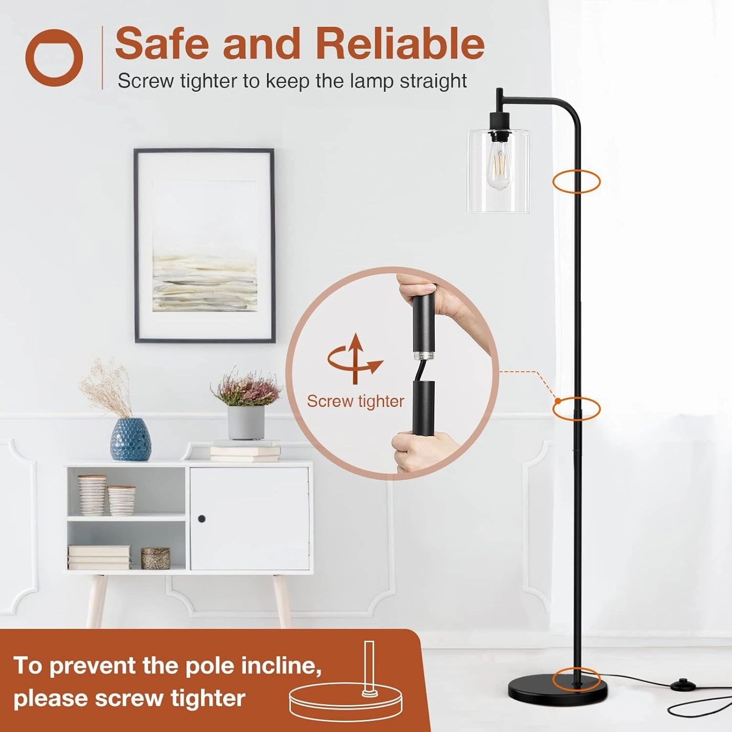 addlon Floor Lamps for Living Room Bright Lighting with Glass lampshade, Modern Bright Floor Lamp with LED Bulbs Industrial Standing lamp for beroom, Tall Pole Lamps Office - Black