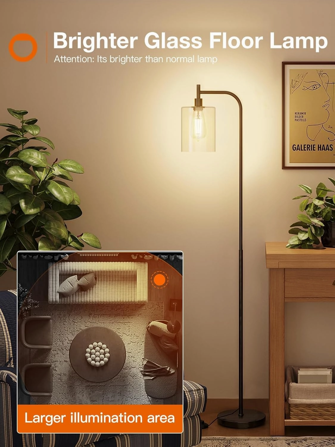 addlon Floor Lamps for Living Room Bright Lighting with Glass lampshade, Modern Bright Floor Lamp with LED Bulbs Industrial Standing lamp for beroom, Tall Pole Lamps Office - Black