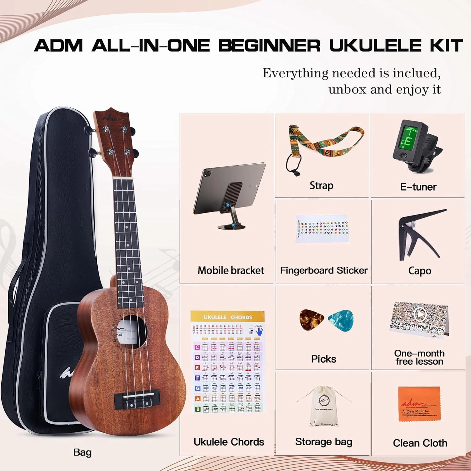 ADM Soprano Ukulele Beginner Kit Mahogany Hawaiian Wood Ukelele Bundle Ukalalee Set with Uke Free Starter Lessons for kids Students and Adults, Yellow Brown (Khaki, 21 inch)