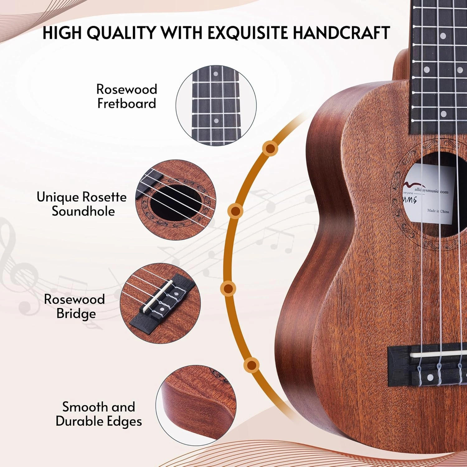 ADM Soprano Ukulele Beginner Kit Mahogany Hawaiian Wood Ukelele Bundle Ukalalee Set with Uke Free Starter Lessons for kids Students and Adults, Yellow Brown (Khaki, 21 inch)
