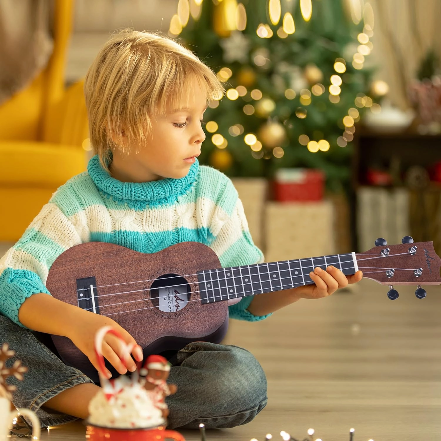 ADM Soprano Ukulele Beginner Kit Mahogany Hawaiian Wood Ukelele Bundle Ukalalee Set with Uke Free Starter Lessons for kids Students and Adults, Yellow Brown (Khaki, 21 inch)