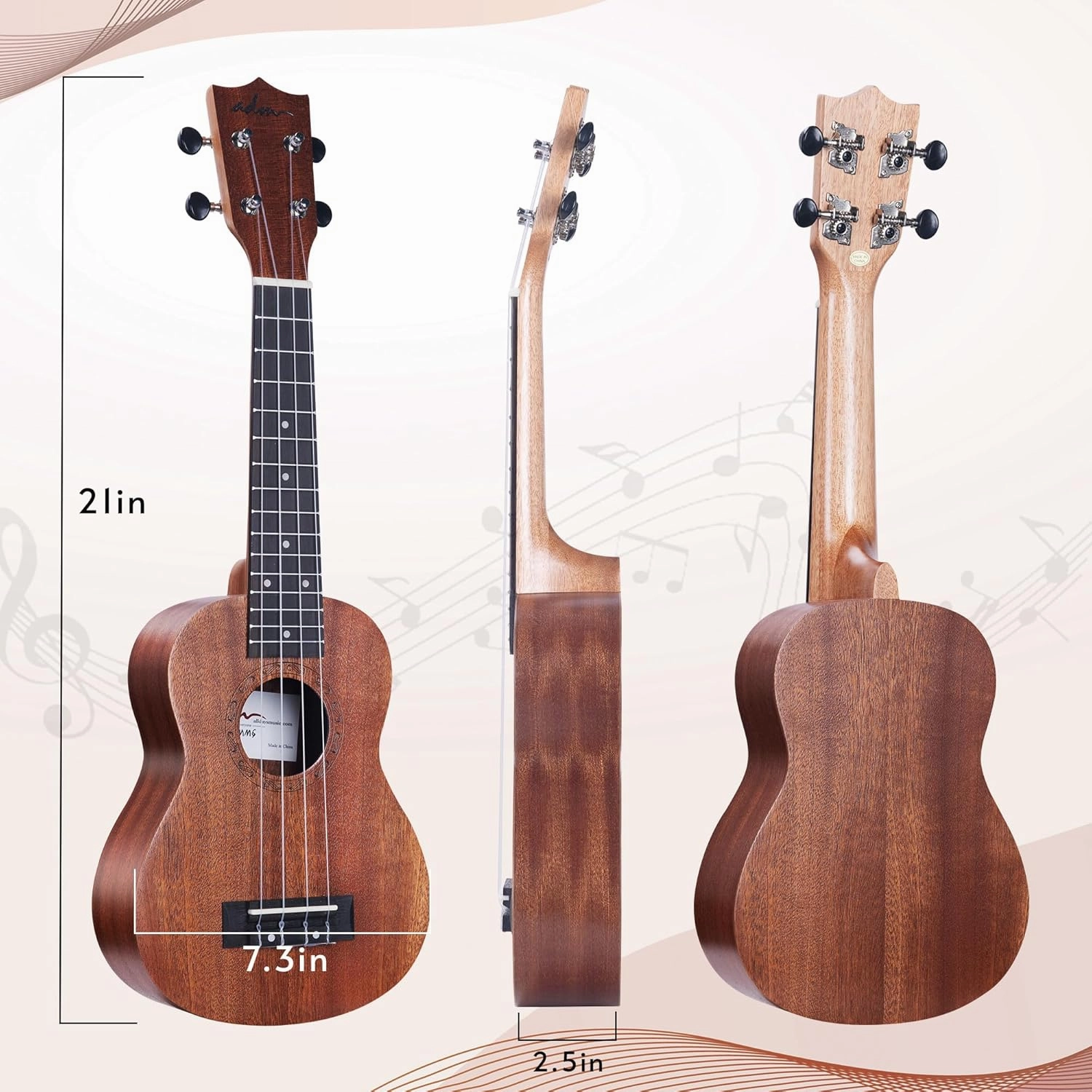 ADM Soprano Ukulele Beginner Kit Mahogany Hawaiian Wood Ukelele Bundle Ukalalee Set with Uke Free Starter Lessons for kids Students and Adults, Yellow Brown (Khaki, 21 inch)