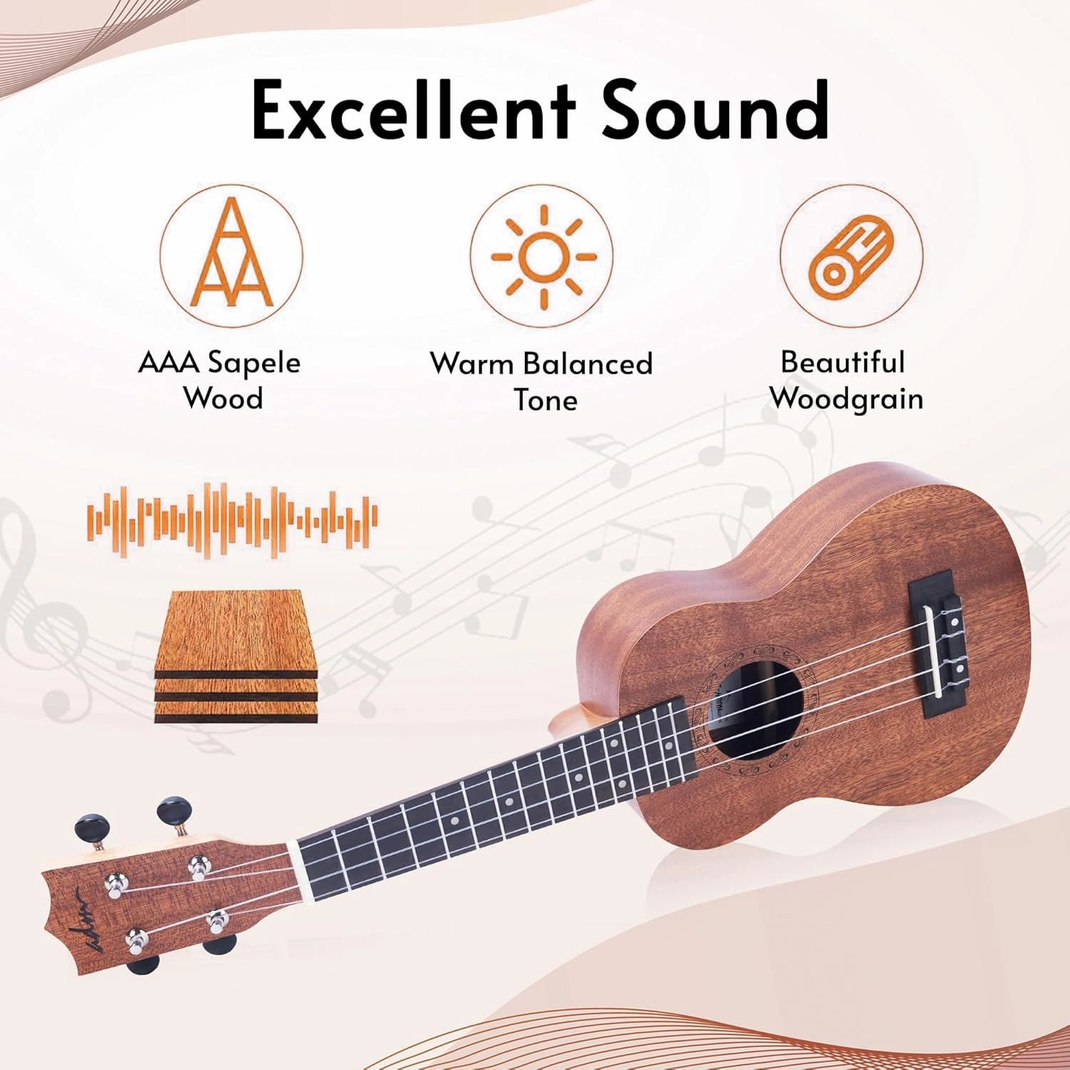 ADM Soprano Ukulele Beginner Kit Mahogany Hawaiian Wood Ukelele Bundle Ukalalee Set with Uke Free Starter Lessons for kids Students and Adults, Yellow Brown (Khaki, 21 inch)