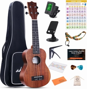 ADM Soprano Ukulele Beginner Kit Mahogany Hawaiian Wood Ukelele Bundle Ukalalee Set with Uke Free Starter Lessons for kids Students and Adults, Yellow Brown (Khaki, 21 inch)