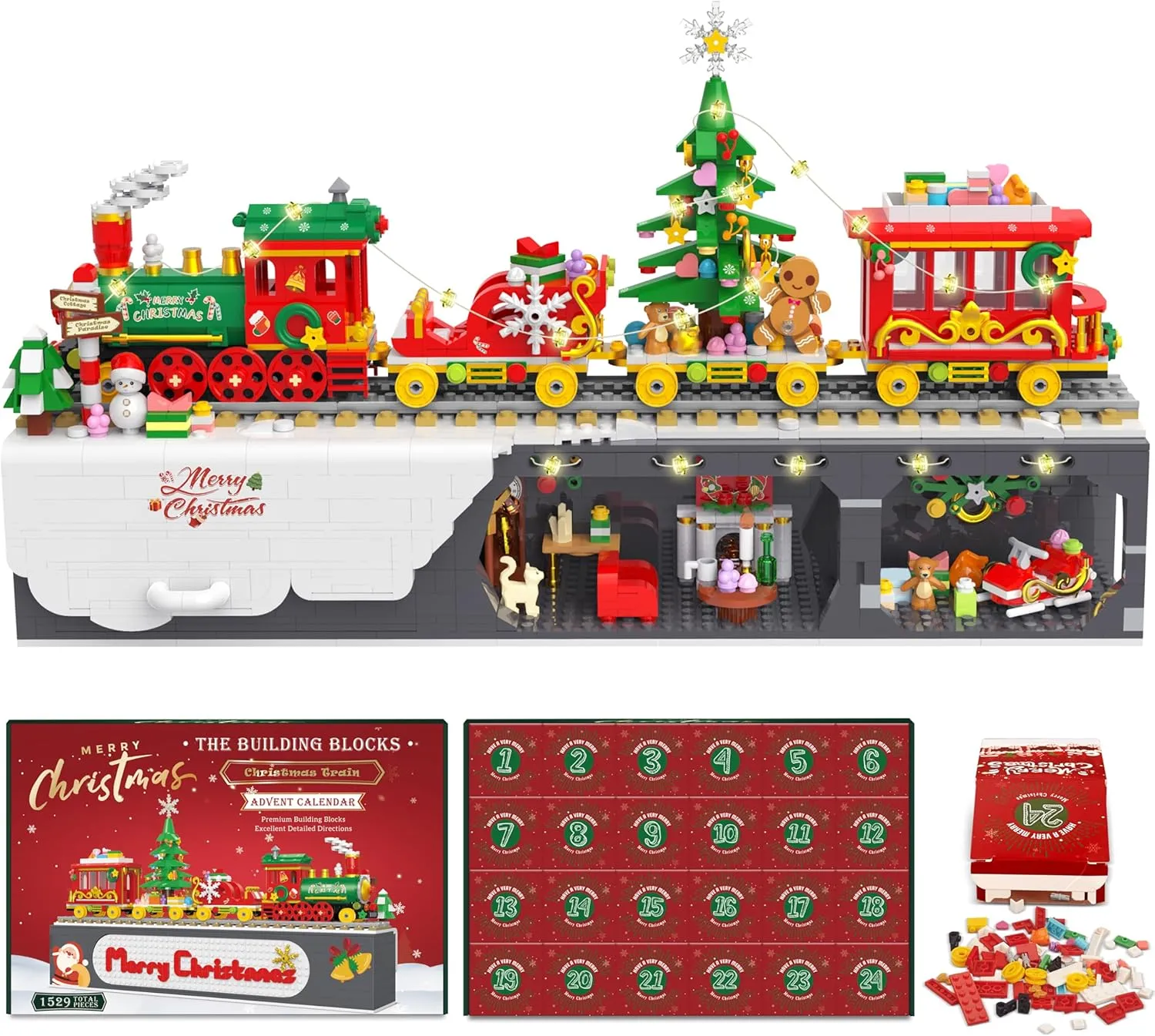 Advent Calendar 2024 Christmas Train Building Blocks Set, 24 Boxes-1529 Pieces Christmas Train with Lights Display Building Kits for Adults and Kids Countdown to Christmas Thanksgiving Gifts