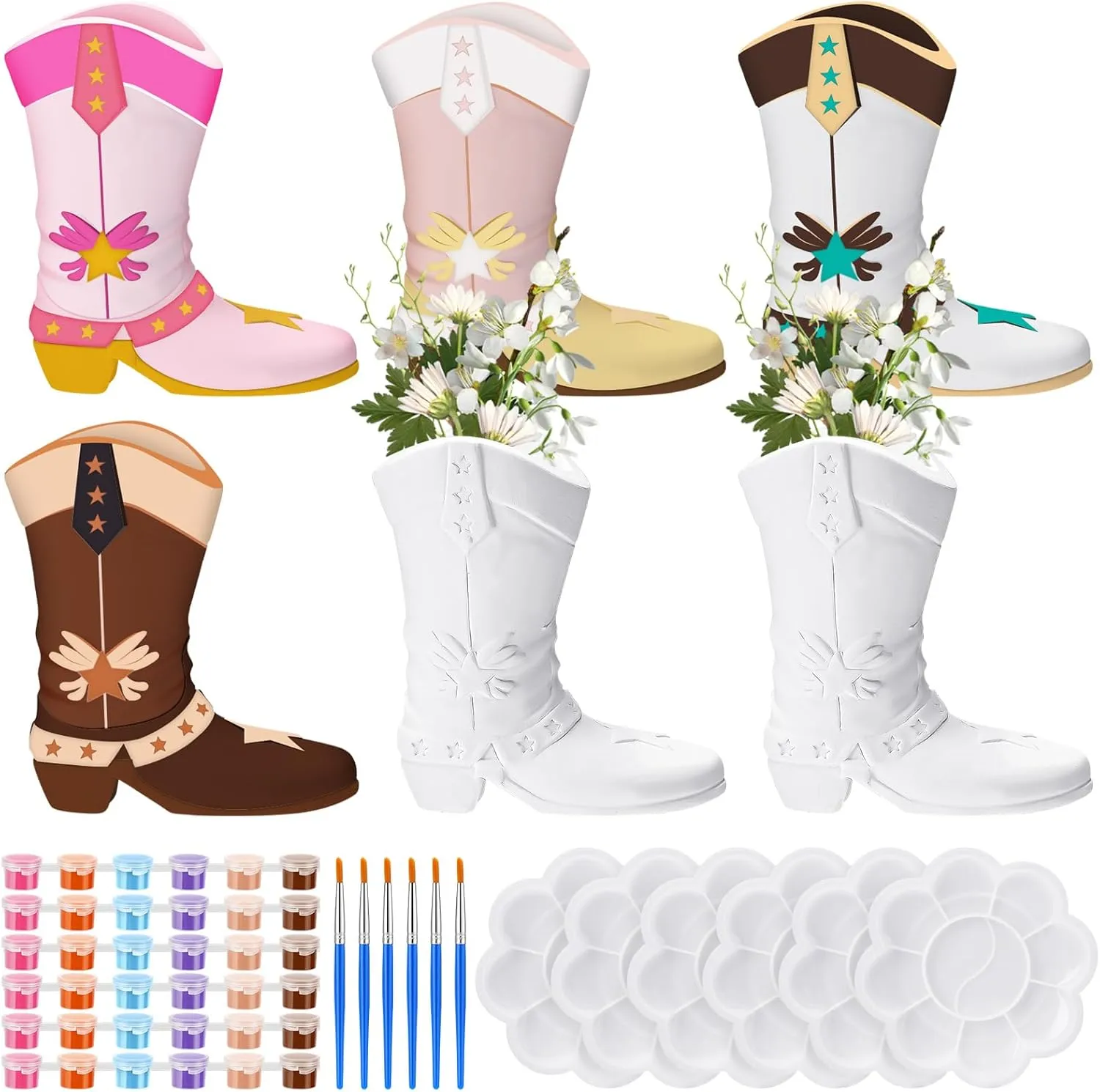 Affrolling 6 Set Cowboy Boot Vase Ceramics to Paint Ready to Paint Your Own Ceramic Cowgirl Boot Vase DIY Unpainted Plaster Paintable Kit Crafts with Brush Palette for Adults