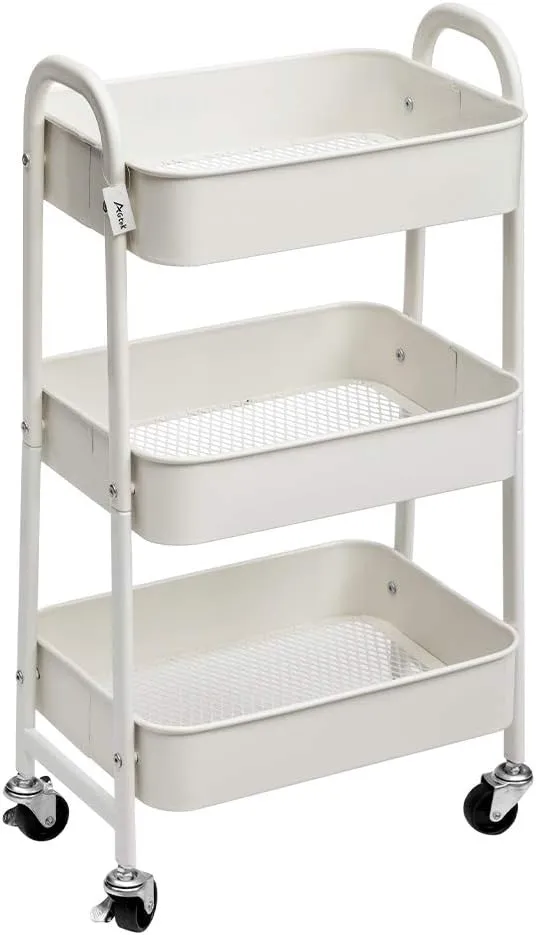 AGTEK Makeup Cart, Movable Rolling Organizer Cart, White 3 Tier Metal Utility Cart