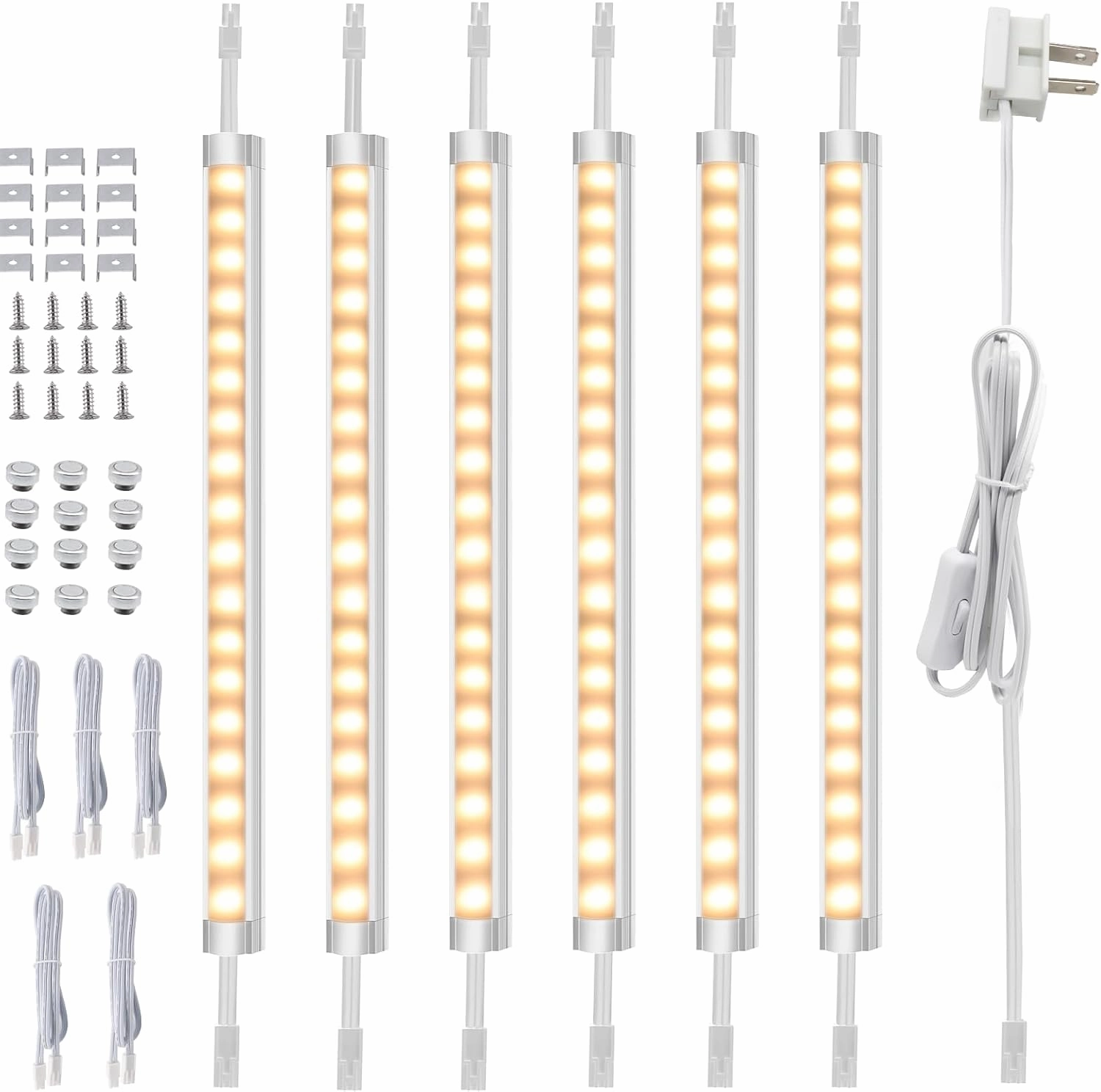 AIBOO Under Cabinet Lighting, Dimmable 12 inch Under Counter Lights, 120V Plug in & Hardwired, Linkable LED Closet Lights for Kitchen, Shelf, Workbench, Desk,Cupboard,Garage (6 PCS), Warm White 3000K