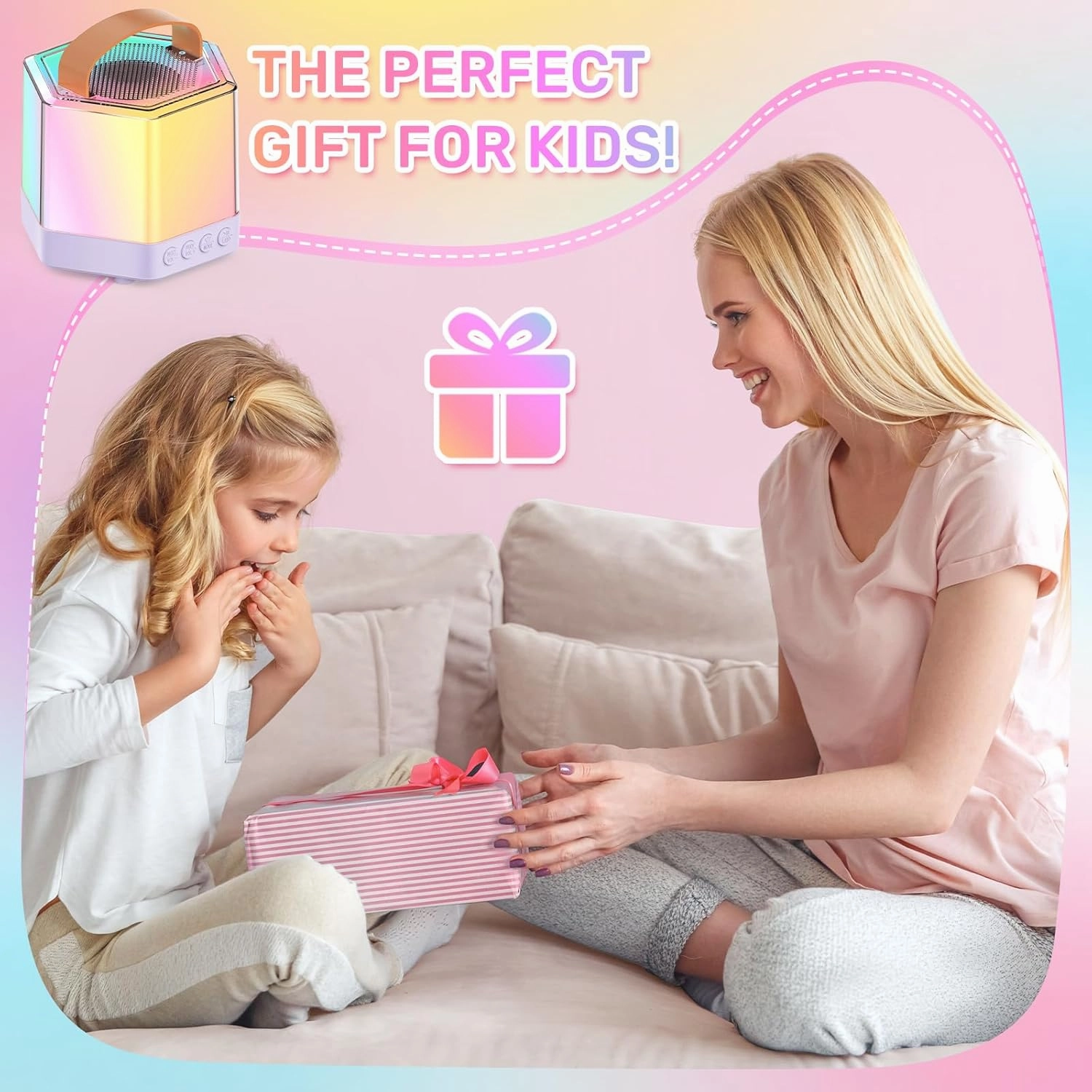 AIDELF Mini Karaoke Machine for Kids - Portable Bluetooth Karaoke Speaker with 2 Wireless Microphones and Party Lights Toy Ages 3-12 ,Birthday Gifts for Girls Boys Family Home Party