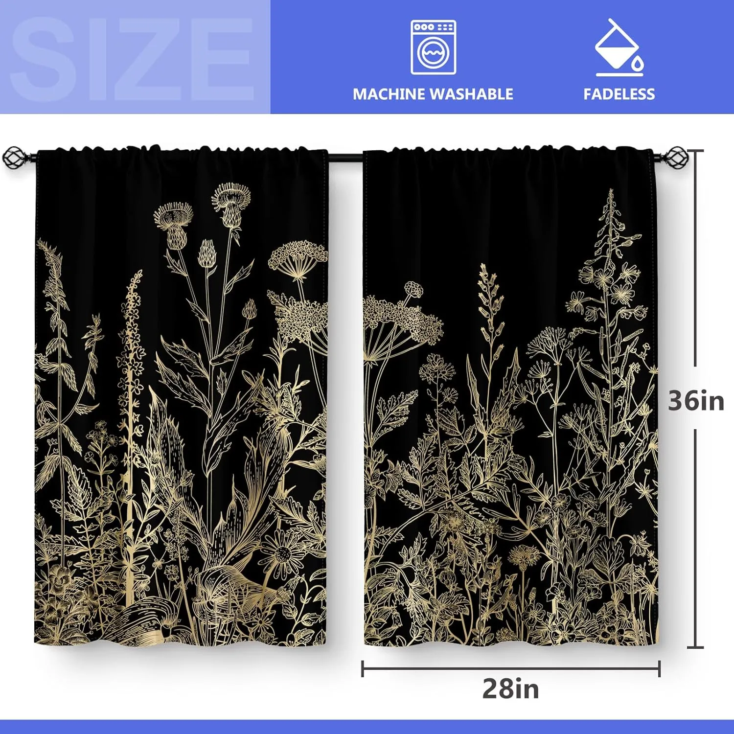 Aimego Flower Leaves Kitchen Curtains - Golden Floral Spring Rustic Plant Botanical Cafe Farmhouse Small Short Curtains for Bathroom RV Rod Pocket Window Drapes 36 Inch Length 2 Panels Set