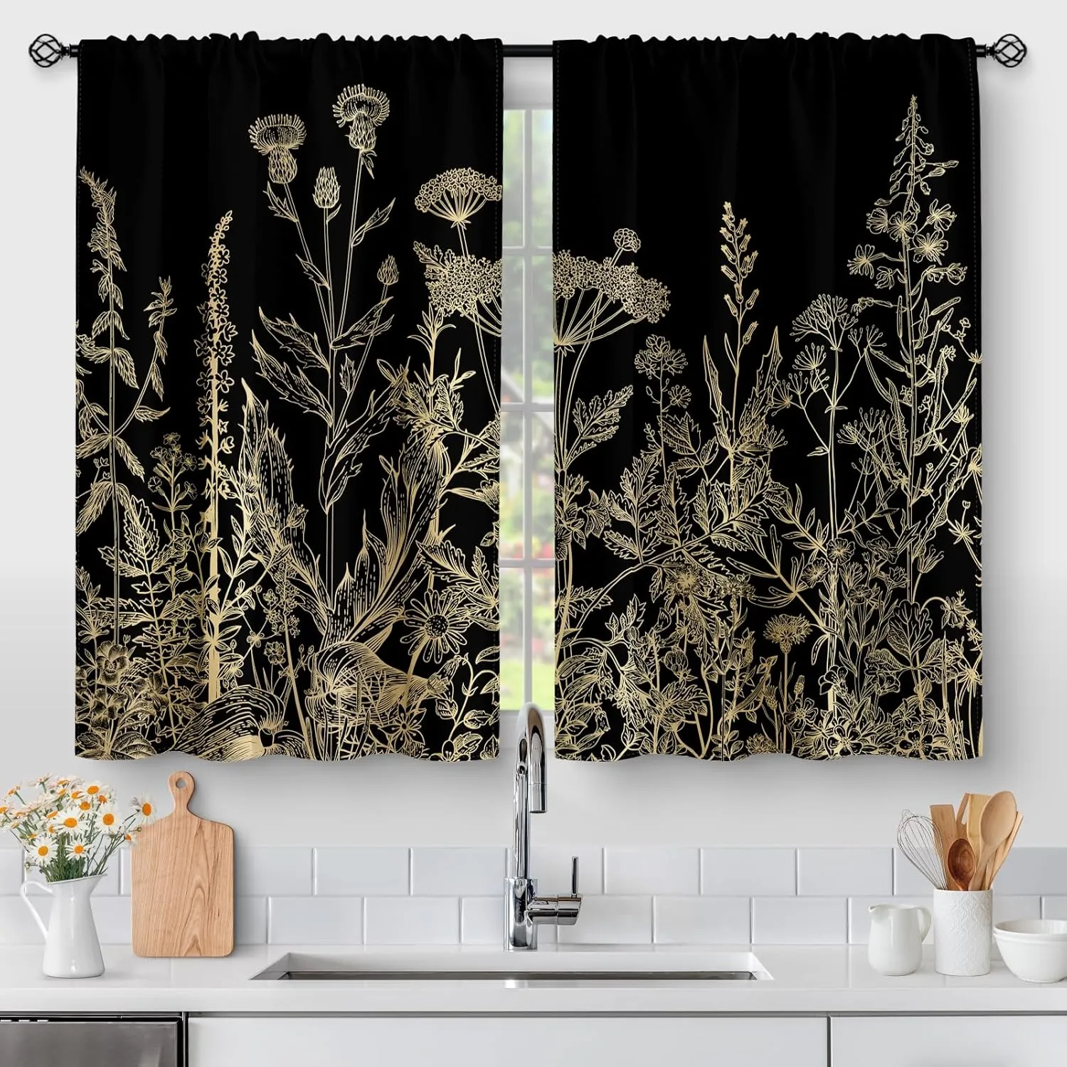 Aimego Flower Leaves Kitchen Curtains - Golden Floral Spring Rustic Plant Botanical Cafe Farmhouse Small Short Curtains for Bathroom RV Rod Pocket Window Drapes 36 Inch Length 2 Panels Set