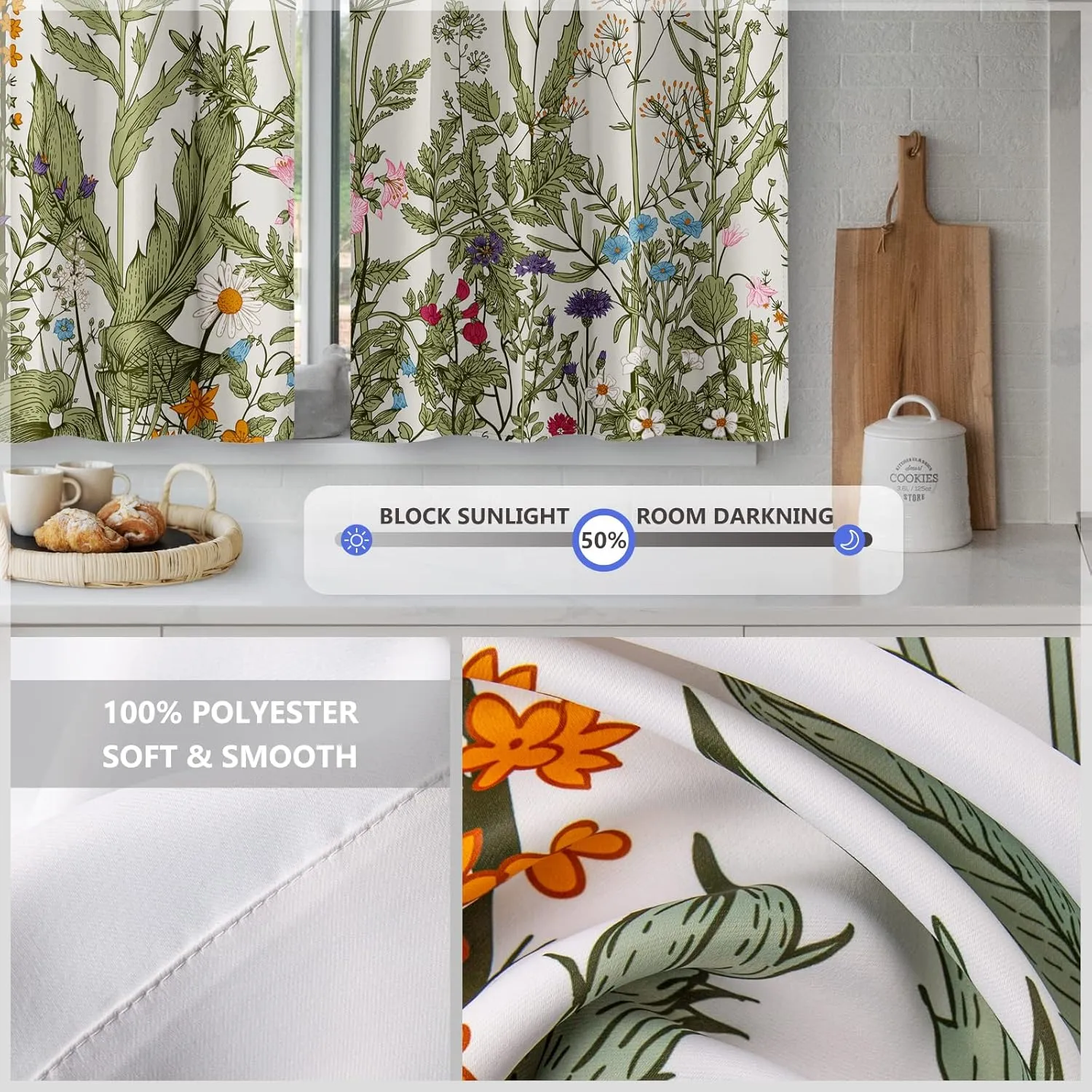 Aimego Flower Leaves Kitchen Curtains - Golden Floral Spring Rustic Plant Botanical Cafe Farmhouse Small Short Curtains for Bathroom RV Rod Pocket Window Drapes 36 Inch Length 2 Panels Set