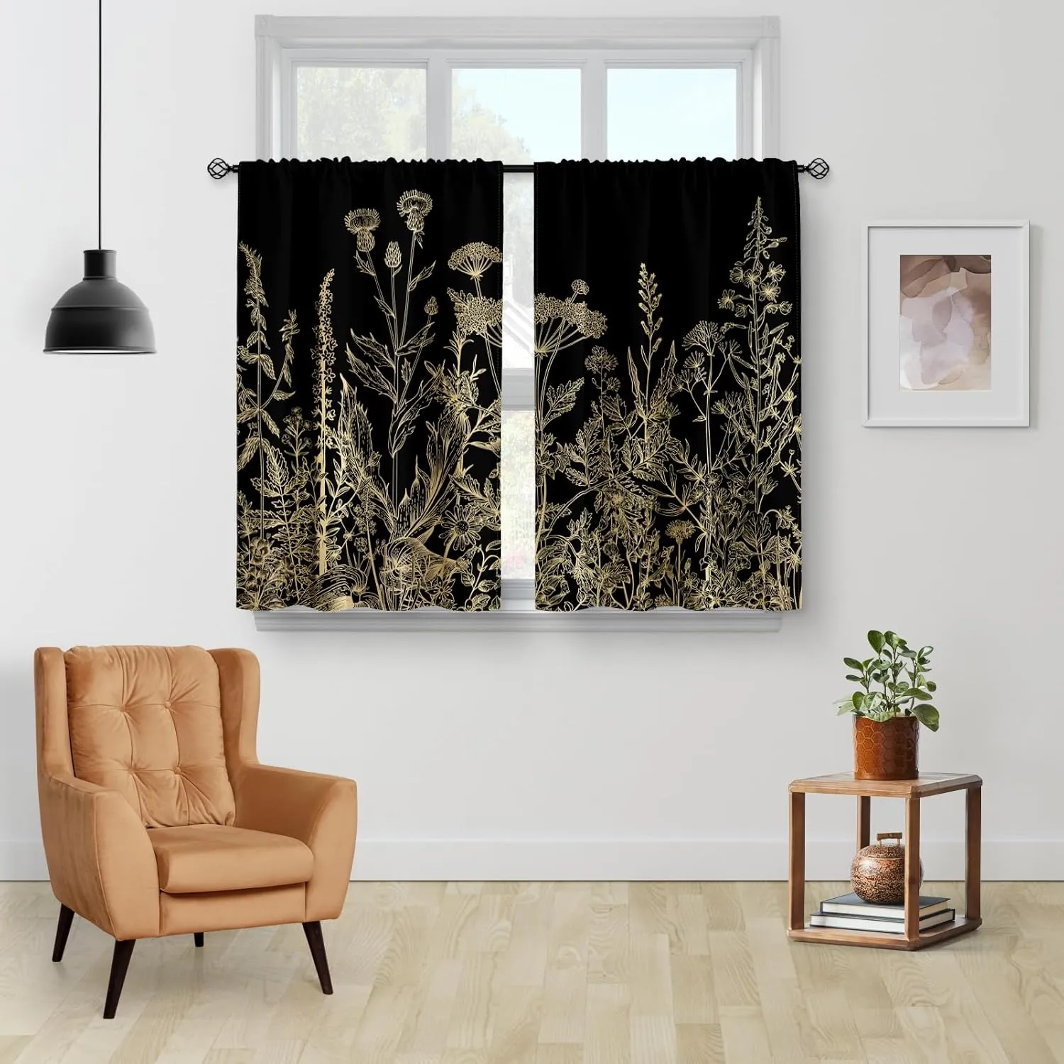 Aimego Flower Leaves Kitchen Curtains - Golden Floral Spring Rustic Plant Botanical Cafe Farmhouse Small Short Curtains for Bathroom RV Rod Pocket Window Drapes 36 Inch Length 2 Panels Set