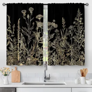 Aimego Flower Leaves Kitchen Curtains - Golden Floral Spring Rustic Plant Botanical Cafe Farmhouse Small Short Curtains for Bathroom RV Rod Pocket Window Drapes 36 Inch Length 2 Panels Set