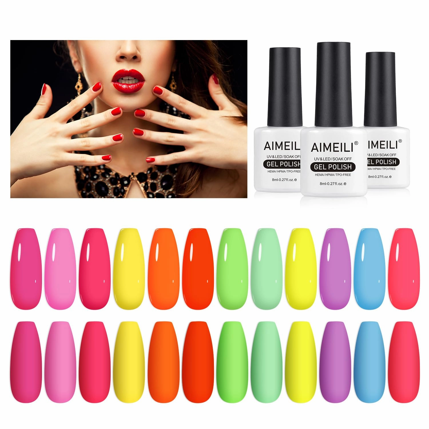 AIMEILI Gel Nail Polish Set Neon Collection 12 Colors Hot Pink Blue Yellow Green Soak Off LED Bright Spring Summer Gel Nail Polish Kit Gift for Women Kit Set 25