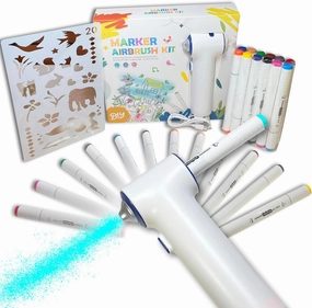 Airbrush Marker Sprayer Set for Kids - 24 Washable Markers & 20 Stencils - Fun Arts & Crafts Kit for Ages 5-9 - Creative Gift for Boys & Girls - Cordless Rechargeable Electric