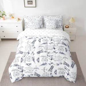 Aircraft Comforter Set With Sheets 7 piece Twin Size Kids Airplane Print Bedding Set Aircraft Flying Bed in a Bag Sketch Style Blue White Bed Set with Comforter,Sheets,Pillowcases,Cushion Covers