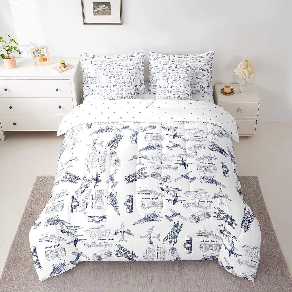 Aircraft Comforter Set With Sheets 7 piece Twin Size Kids Airplane Print Bedding Set Aircraft Flying Bed in a Bag Sketch Style Blue White Bed Set with Comforter,Sheets,Pillowcases,Cushion Covers