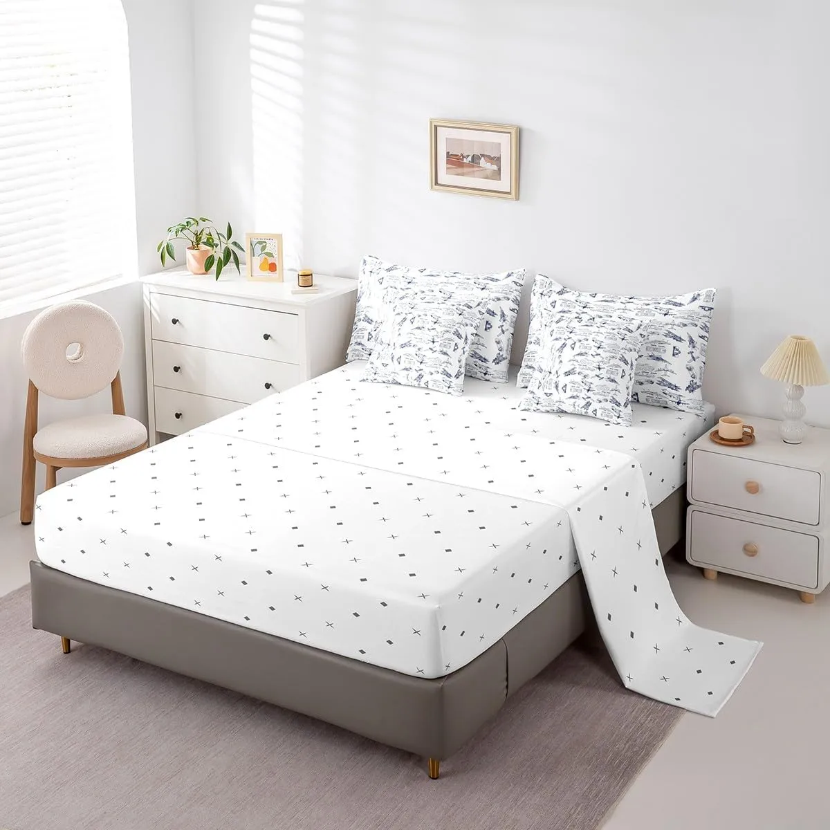 Aircraft Comforter Set With Sheets 7 piece Twin Size Kids Airplane Print Bedding Set Aircraft Flying Bed in a Bag Sketch Style Blue White Bed Set with Comforter,Sheets,Pillowcases,Cushion Covers
