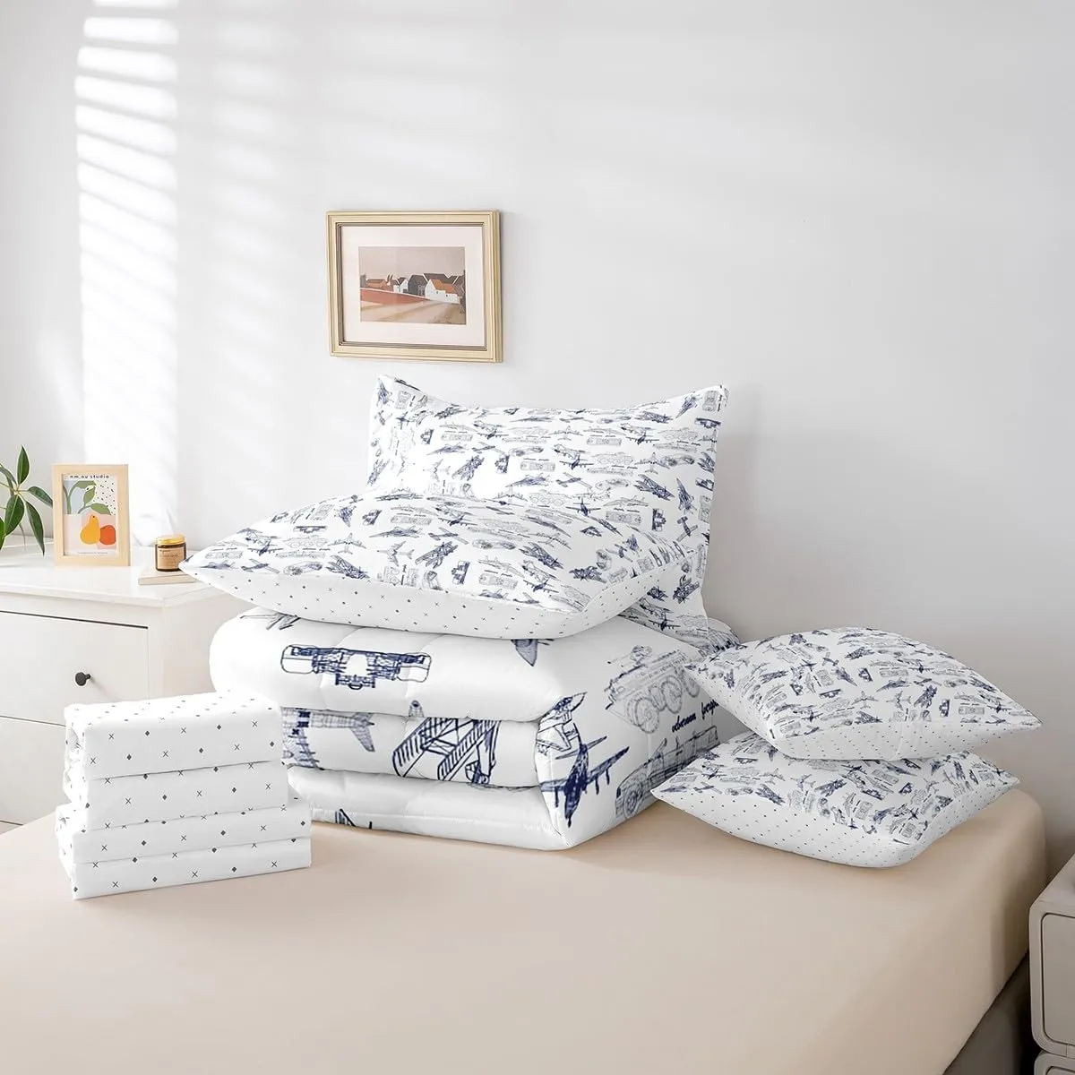 Aircraft Comforter Set With Sheets 7 piece Twin Size Kids Airplane Print Bedding Set Aircraft Flying Bed in a Bag Sketch Style Blue White Bed Set with Comforter,Sheets,Pillowcases,Cushion Covers