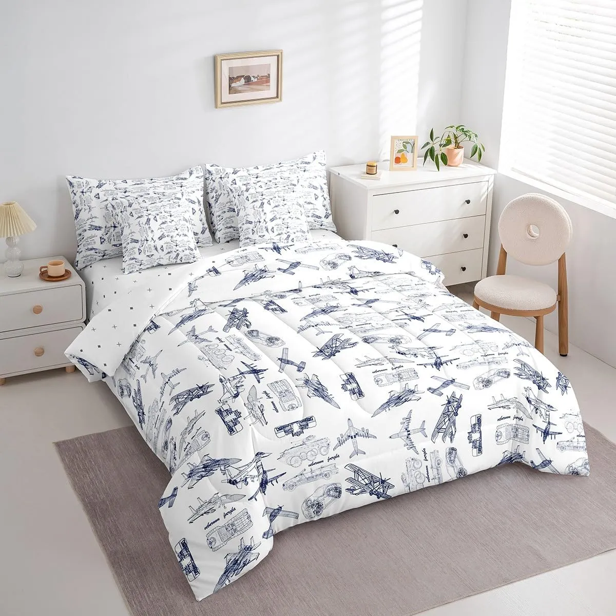Aircraft Comforter Set With Sheets 7 piece Twin Size Kids Airplane Print Bedding Set Aircraft Flying Bed in a Bag Sketch Style Blue White Bed Set with Comforter,Sheets,Pillowcases,Cushion Covers
