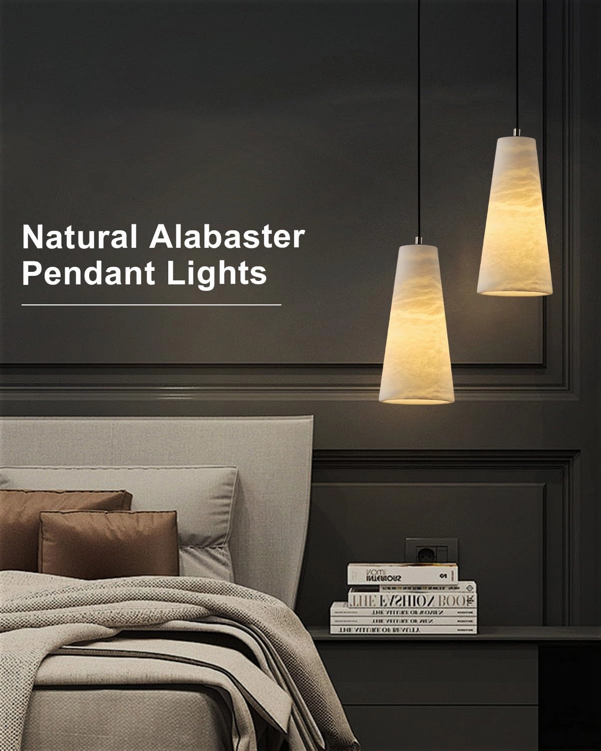 Alabaster Pendant Lights Kitchen Island 2 Pack, H-10in White Pendant Light Fixtures, Marble Conical Shade Copper, Light Pendant for Bedroom Bathroom Dining Room Living Room (Dimmable Bulbs INCL)