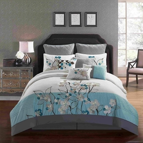 All American Collection New 7 Piece Embroidered Over-Sized Comforter Set (Queen, Turquoise/Grey)