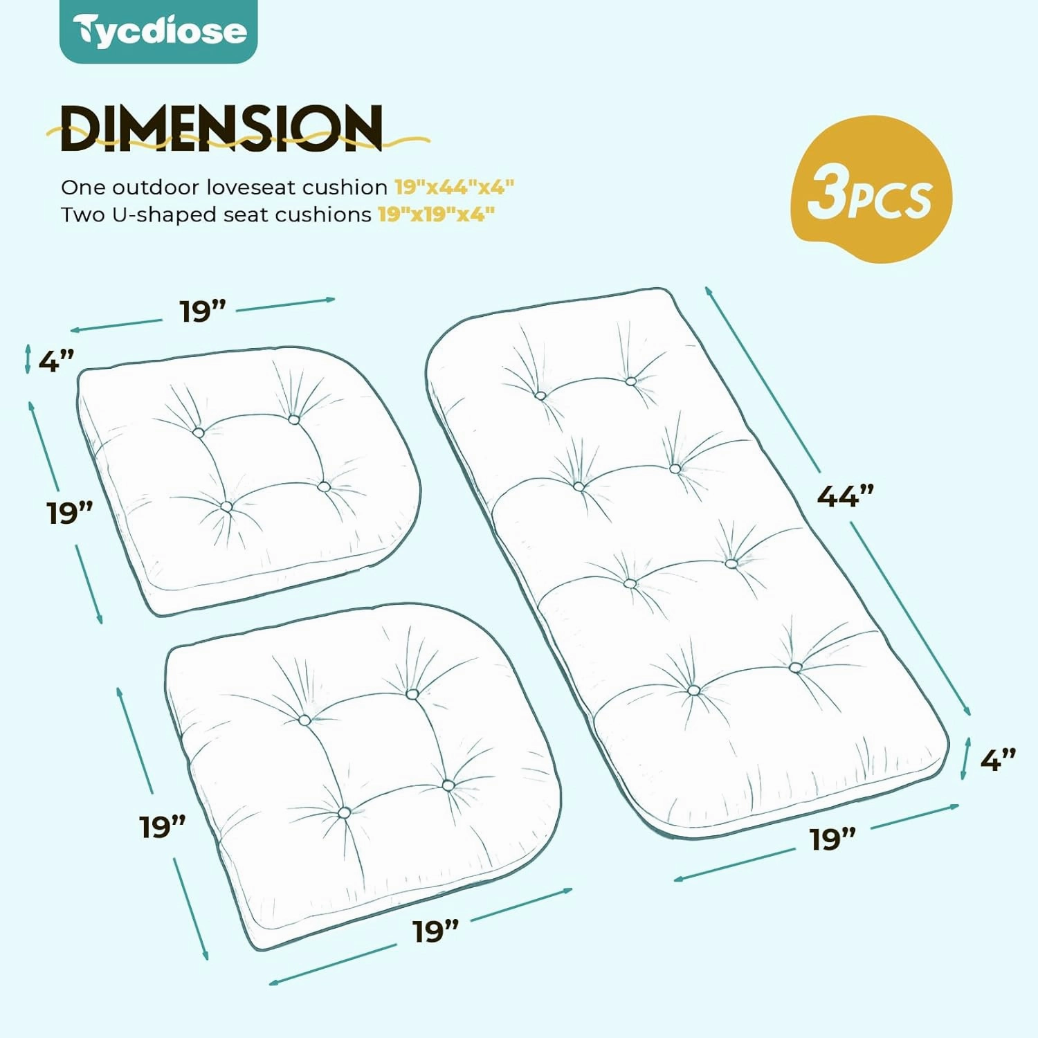 All Weather Wicker Chair Cushions of 3 Pieces, Waterproof Outdoor Wicker Chair Cushion for Patio Furniture Loveseat Settee Bench, 1 Loveseat and 2 U-Shaped Thickened Cushions, Teal