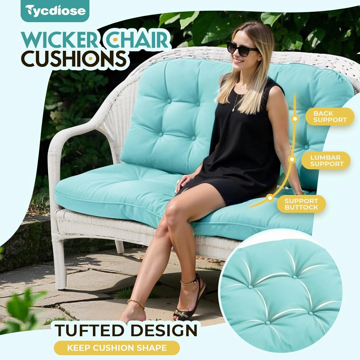 All Weather Wicker Chair Cushions of 3 Pieces, Waterproof Outdoor Wicker Chair Cushion for Patio Furniture Loveseat Settee Bench, 1 Loveseat and 2 U-Shaped Thickened Cushions, Teal