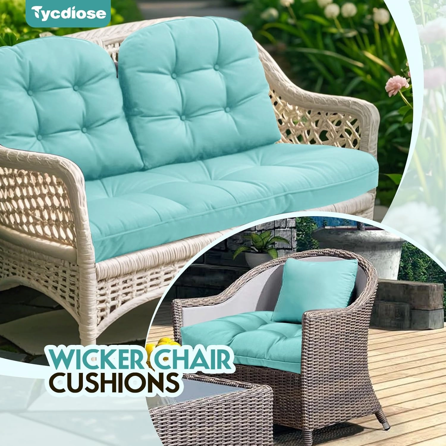 All Weather Wicker Chair Cushions of 3 Pieces, Waterproof Outdoor Wicker Chair Cushion for Patio Furniture Loveseat Settee Bench, 1 Loveseat and 2 U-Shaped Thickened Cushions, Teal