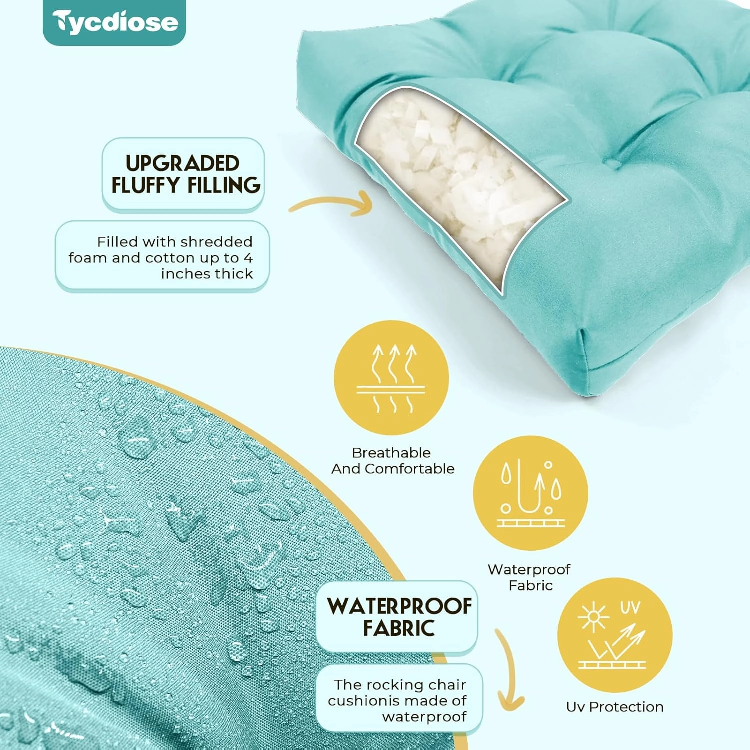 All Weather Wicker Chair Cushions of 3 Pieces, Waterproof Outdoor Wicker Chair Cushion for Patio Furniture Loveseat Settee Bench, 1 Loveseat and 2 U-Shaped Thickened Cushions, Teal