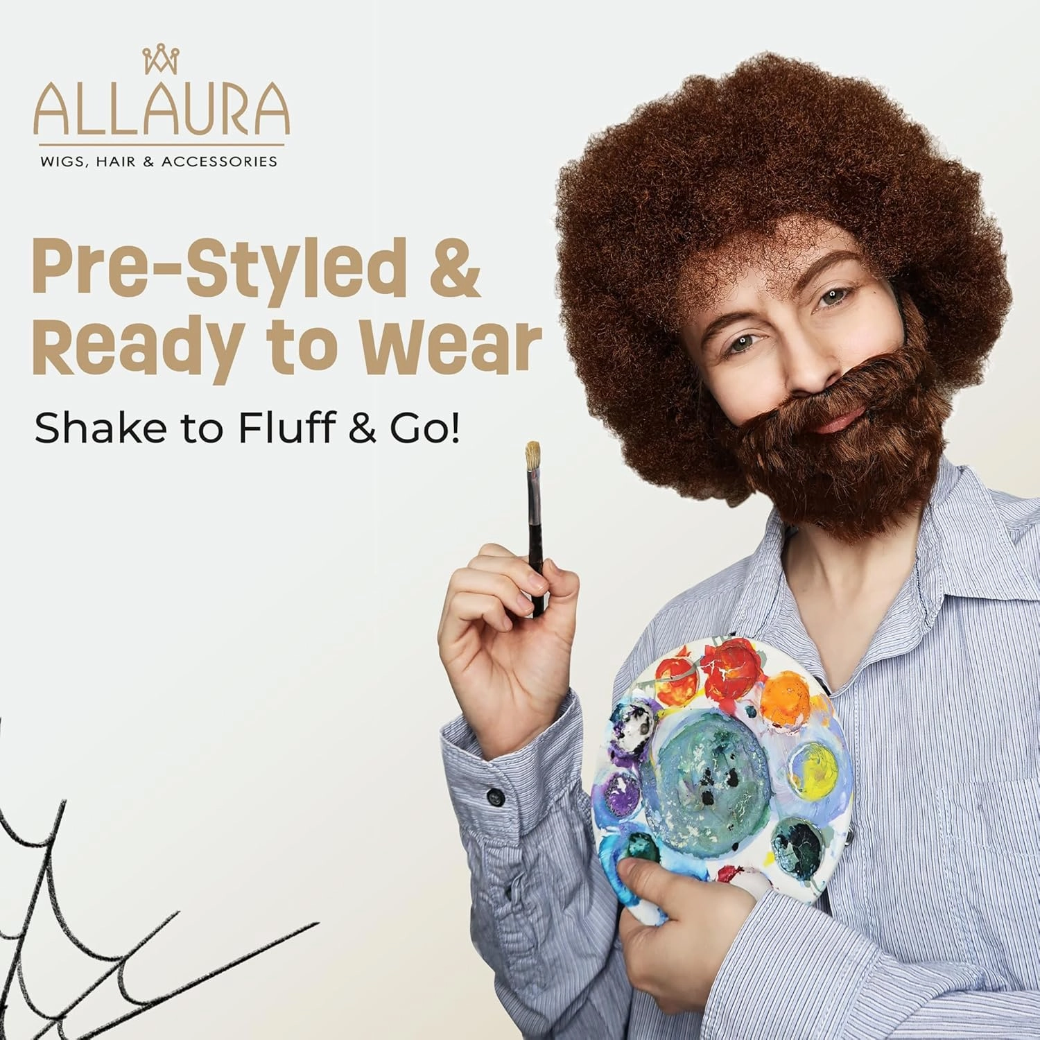 ALLAURA 80's Painter Boss Ross Wig & Beard | 100% Realistic Curly Brown Afro Costume Wig for Men, Women – – Fits All, Non-itch- Compatible with Bob Ross Wig