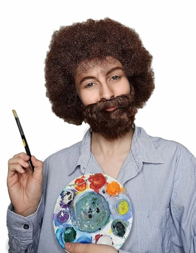 ALLAURA 80's Painter Boss Ross Wig & Beard | 100% Realistic Curly Brown Afro Costume Wig for Men, Women – – Fits All, Non-itch- Compatible with Bob Ross Wig