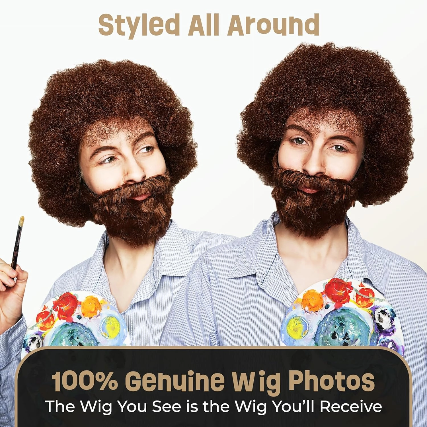 ALLAURA 80's Painter Boss Ross Wig & Beard | 100% Realistic Curly Brown Afro Costume Wig for Men, Women – – Fits All, Non-itch- Compatible with Bob Ross Wig