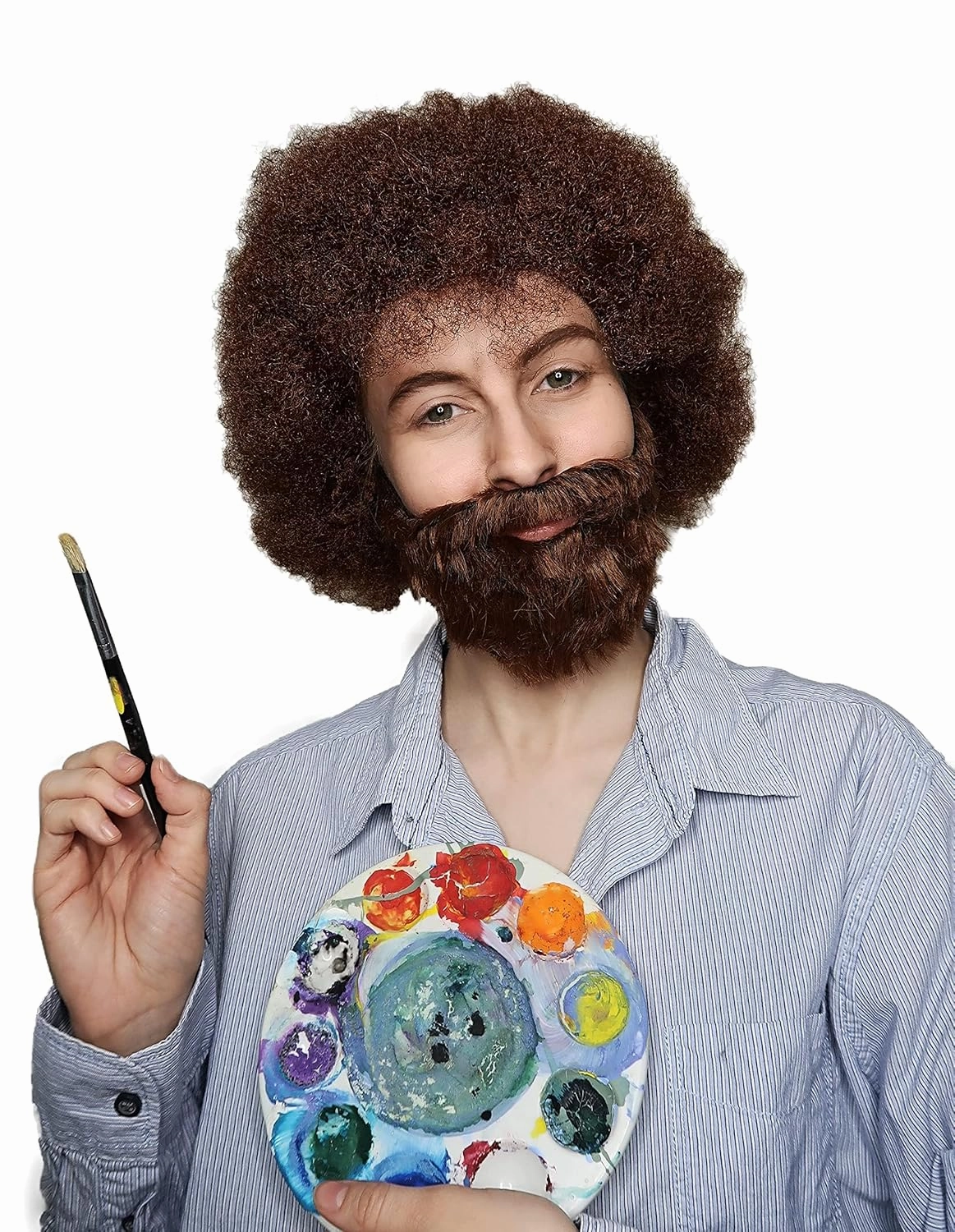 ALLAURA 80's Painter Boss Ross Wig & Beard | 100% Realistic Curly Brown Afro Costume Wig for Men, Women – – Fits All, Non-itch- Compatible with Bob Ross Wig