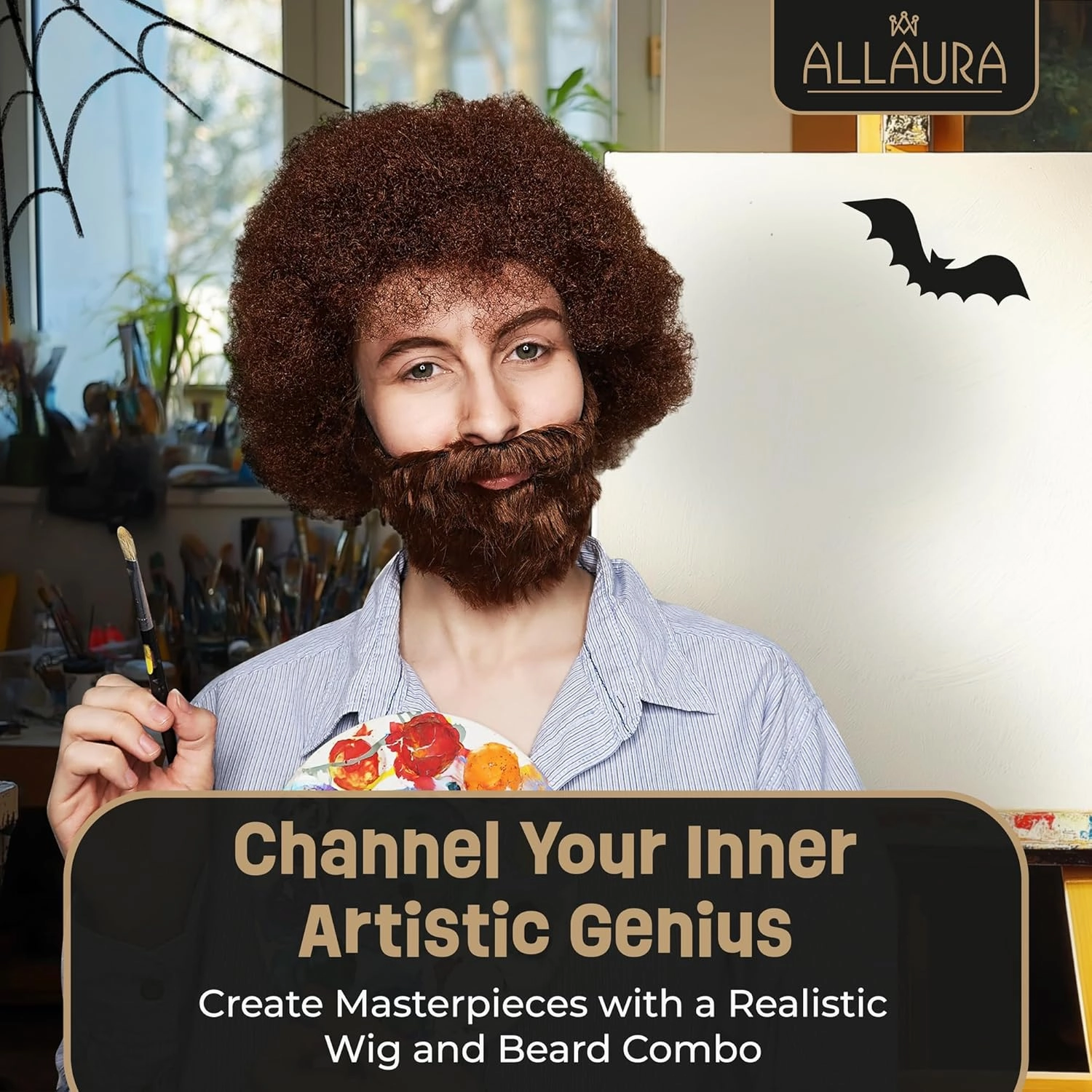 ALLAURA 80's Painter Boss Ross Wig & Beard | 100% Realistic Curly Brown Afro Costume Wig for Men, Women – – Fits All, Non-itch- Compatible with Bob Ross Wig