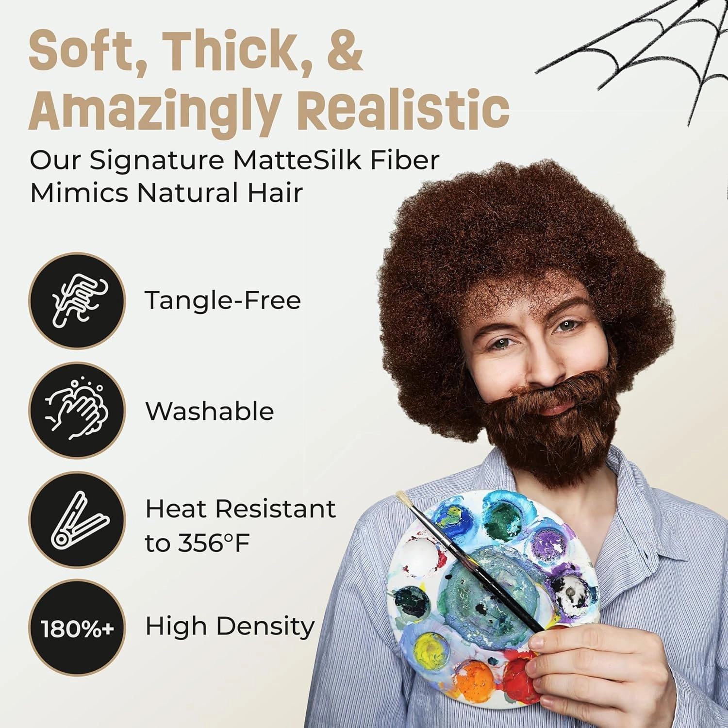 ALLAURA 80's Painter Boss Ross Wig & Beard | 100% Realistic Curly Brown Afro Costume Wig for Men, Women – – Fits All, Non-itch- Compatible with Bob Ross Wig