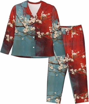 almond blossom Large Long-sleeved women's pajamas and home wear sets (Sizes S-XXL) Black