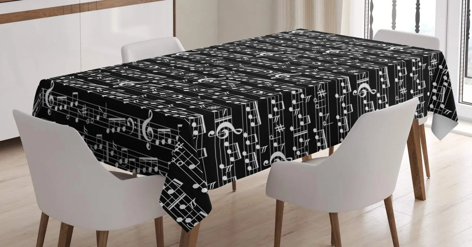 Ambesonne Music Tablecloth, Musical Notes and Clef Sheet Pattern in Abstract Style Print, Dining Room Kitchen Rectangular Table Cover, 60" X 84", Black
