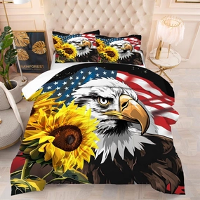 American Flag Comforter Set: Twin Size Bald Eagle Quilt Set Sunflower Red and White USA Flag Bedding for Kids Teens Boys US Stars Stripe Bed Sets 1 Comforter & 1 Pillowcase