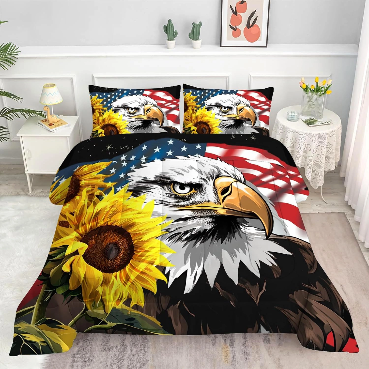 American Flag Comforter Set: Twin Size Bald Eagle Quilt Set Sunflower Red and White USA Flag Bedding for Kids Teens Boys US Stars Stripe Bed Sets 1 Comforter & 1 Pillowcase