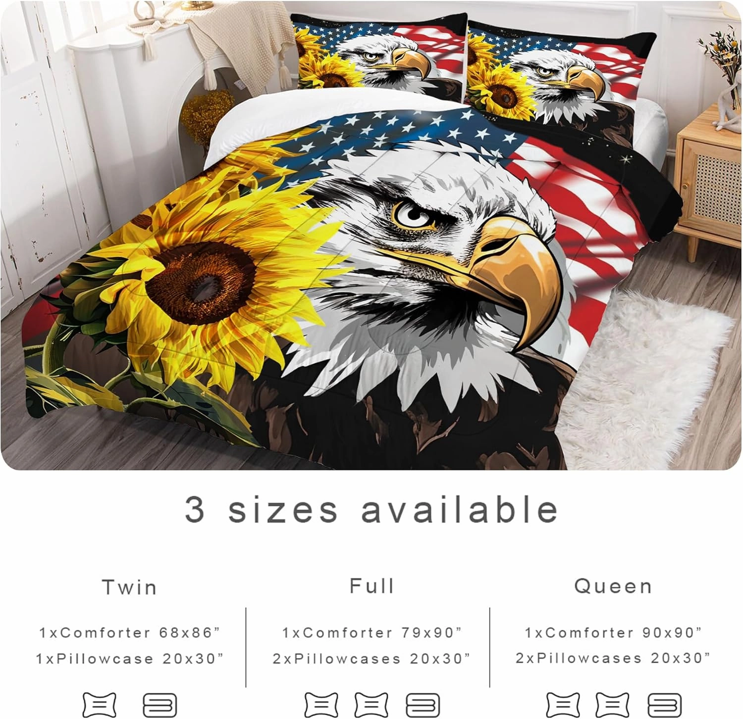American Flag Comforter Set: Twin Size Bald Eagle Quilt Set Sunflower Red and White USA Flag Bedding for Kids Teens Boys US Stars Stripe Bed Sets 1 Comforter & 1 Pillowcase