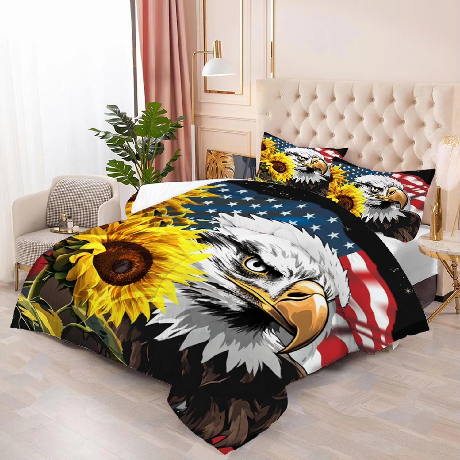 American Flag Comforter Set: Twin Size Bald Eagle Quilt Set Sunflower Red and White USA Flag Bedding for Kids Teens Boys US Stars Stripe Bed Sets 1 Comforter & 1 Pillowcase