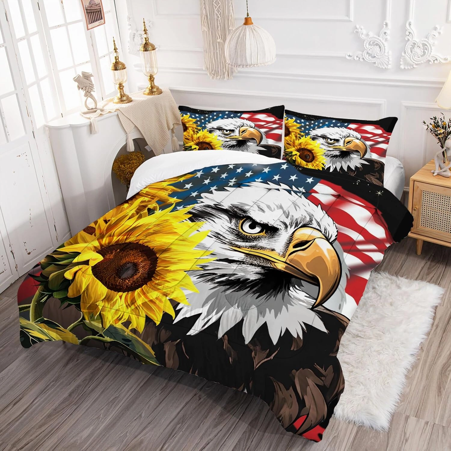 American Flag Comforter Set: Twin Size Bald Eagle Quilt Set Sunflower Red and White USA Flag Bedding for Kids Teens Boys US Stars Stripe Bed Sets 1 Comforter & 1 Pillowcase