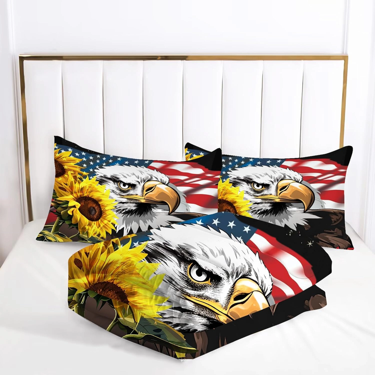 American Flag Comforter Set: Twin Size Bald Eagle Quilt Set Sunflower Red and White USA Flag Bedding for Kids Teens Boys US Stars Stripe Bed Sets 1 Comforter & 1 Pillowcase