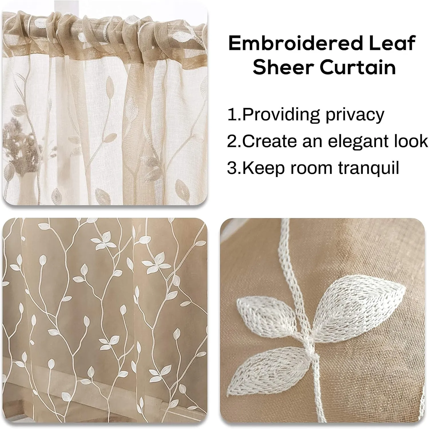 AmHoo 2 Panels Embroidered Leaf Pattern Semi Sheer Curtains Foliage Floral Voile Window Draperies Treatment for Bedroom Living Room Rod Pocket Taupe 53 x 84 Inch