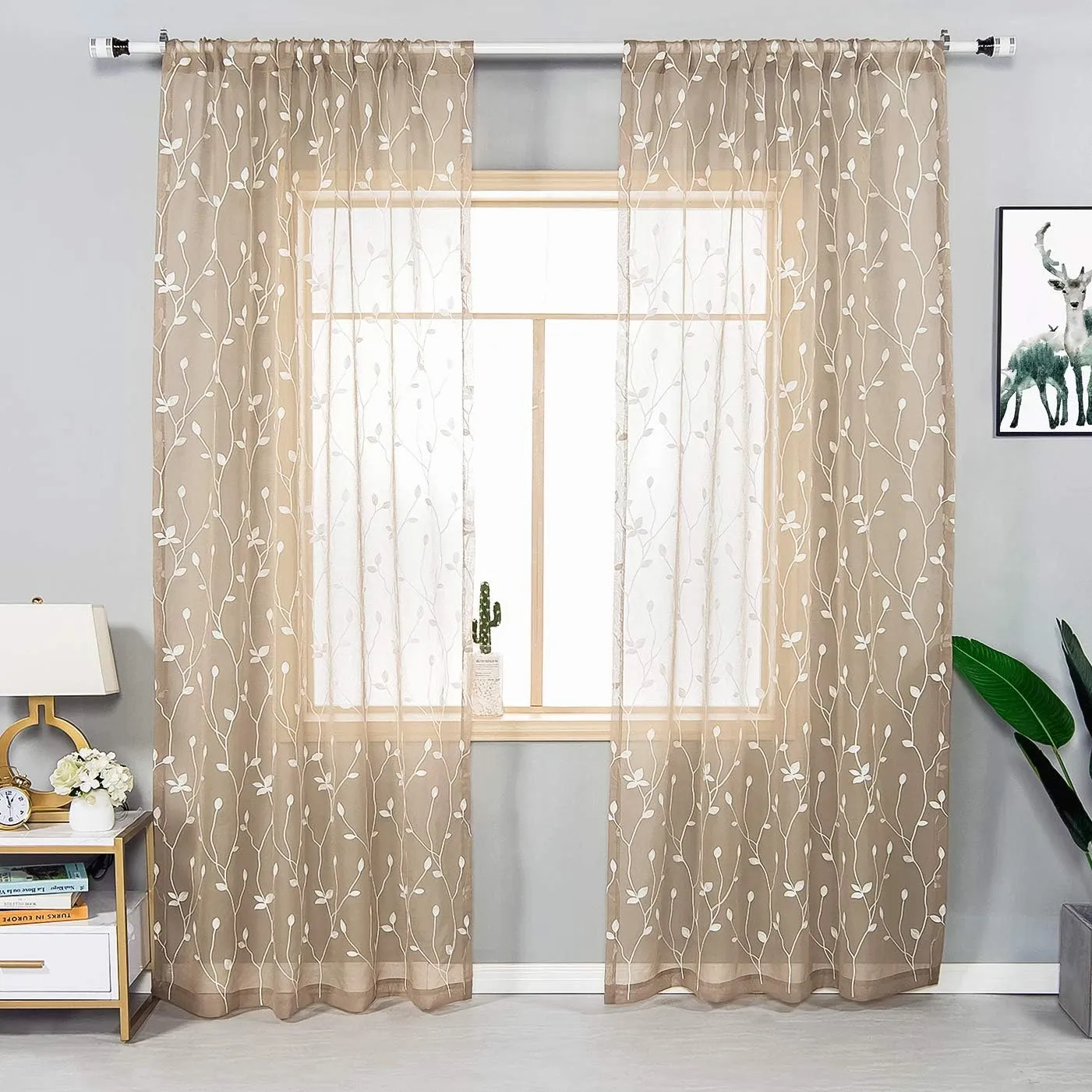 AmHoo 2 Panels Embroidered Leaf Pattern Semi Sheer Curtains Foliage Floral Voile Window Draperies Treatment for Bedroom Living Room Rod Pocket Taupe 53 x 84 Inch