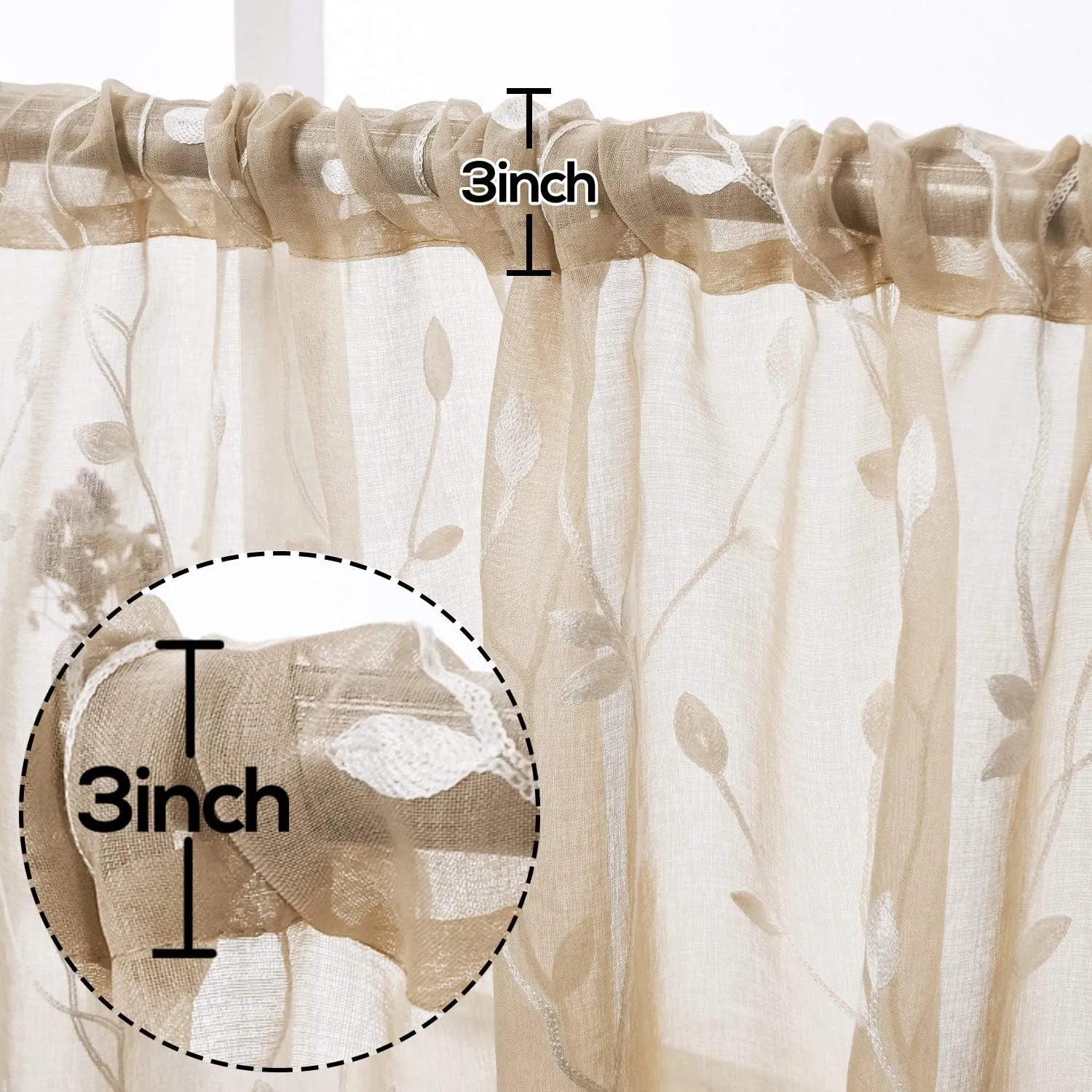 AmHoo 2 Panels Embroidered Leaf Pattern Semi Sheer Curtains Foliage Floral Voile Window Draperies Treatment for Bedroom Living Room Rod Pocket Taupe 53 x 84 Inch